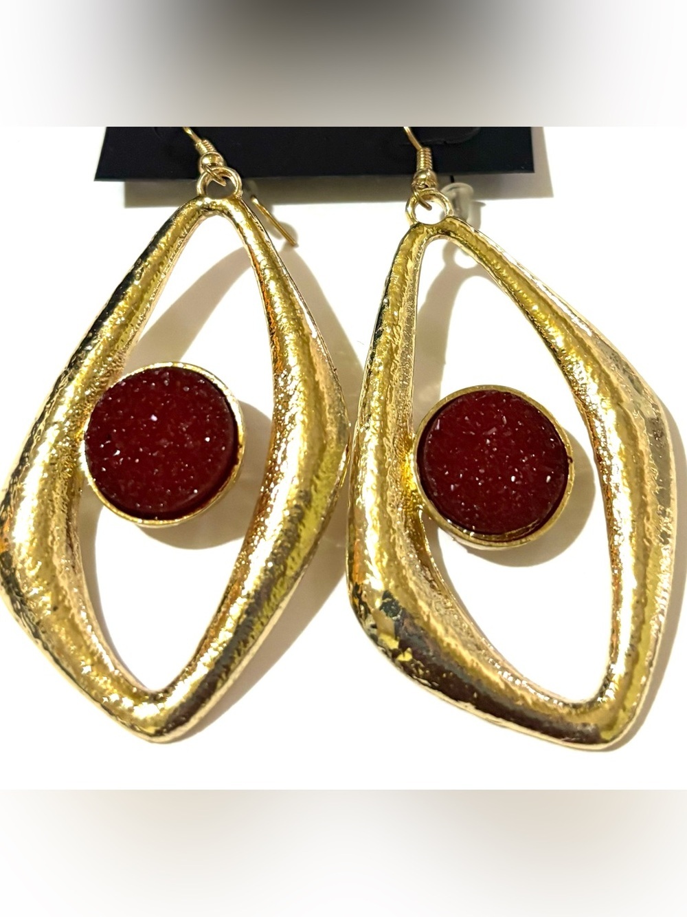 Gold Teardrop Hoop Earrings with Red Druzy Center